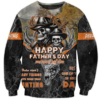 Unisex crewneck sweatshirt with dark hunting skull and deer graphic, orange stripes