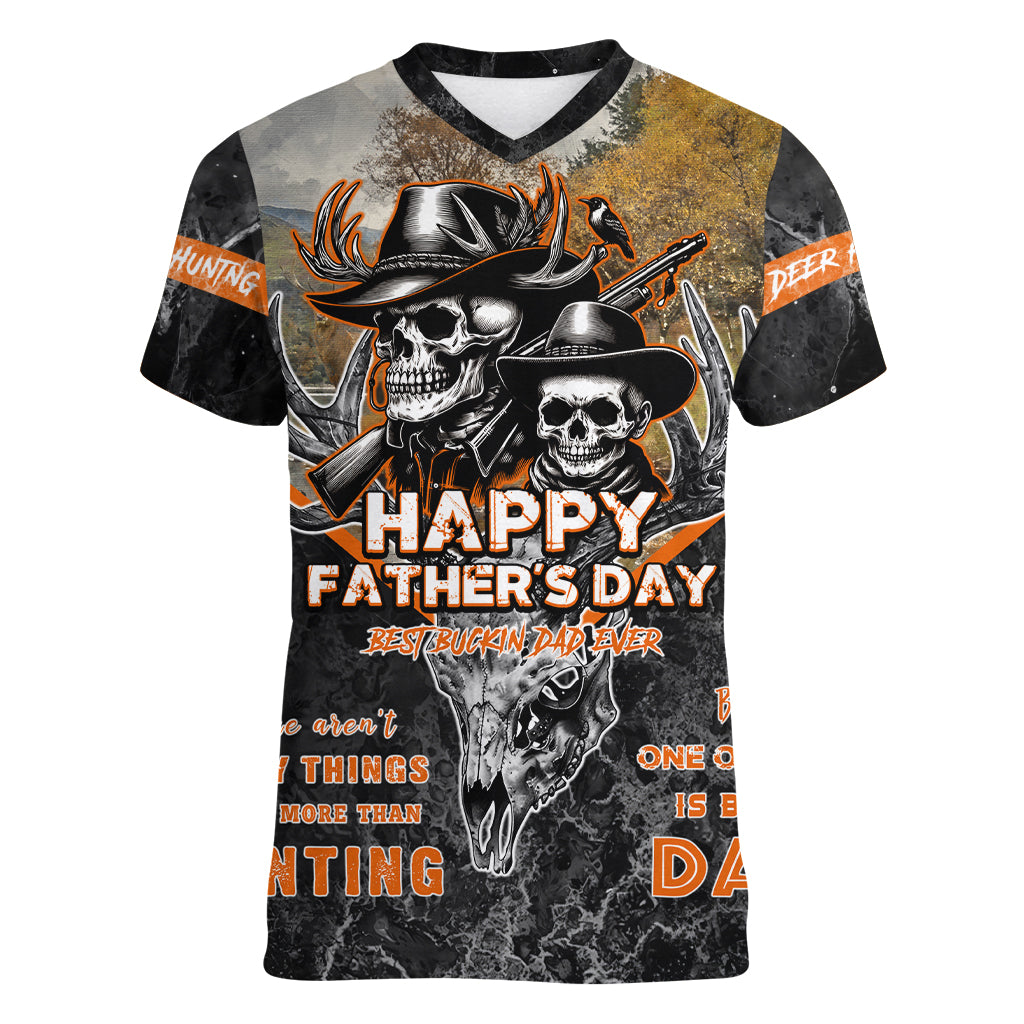 Father's Day Skull Deer Hunting Women V-Neck T-Shirt Best Buckin Dad Ever