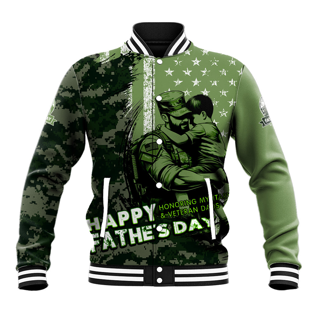 Green baseball jacket with digital camo pattern, stars, and soldier graphic front