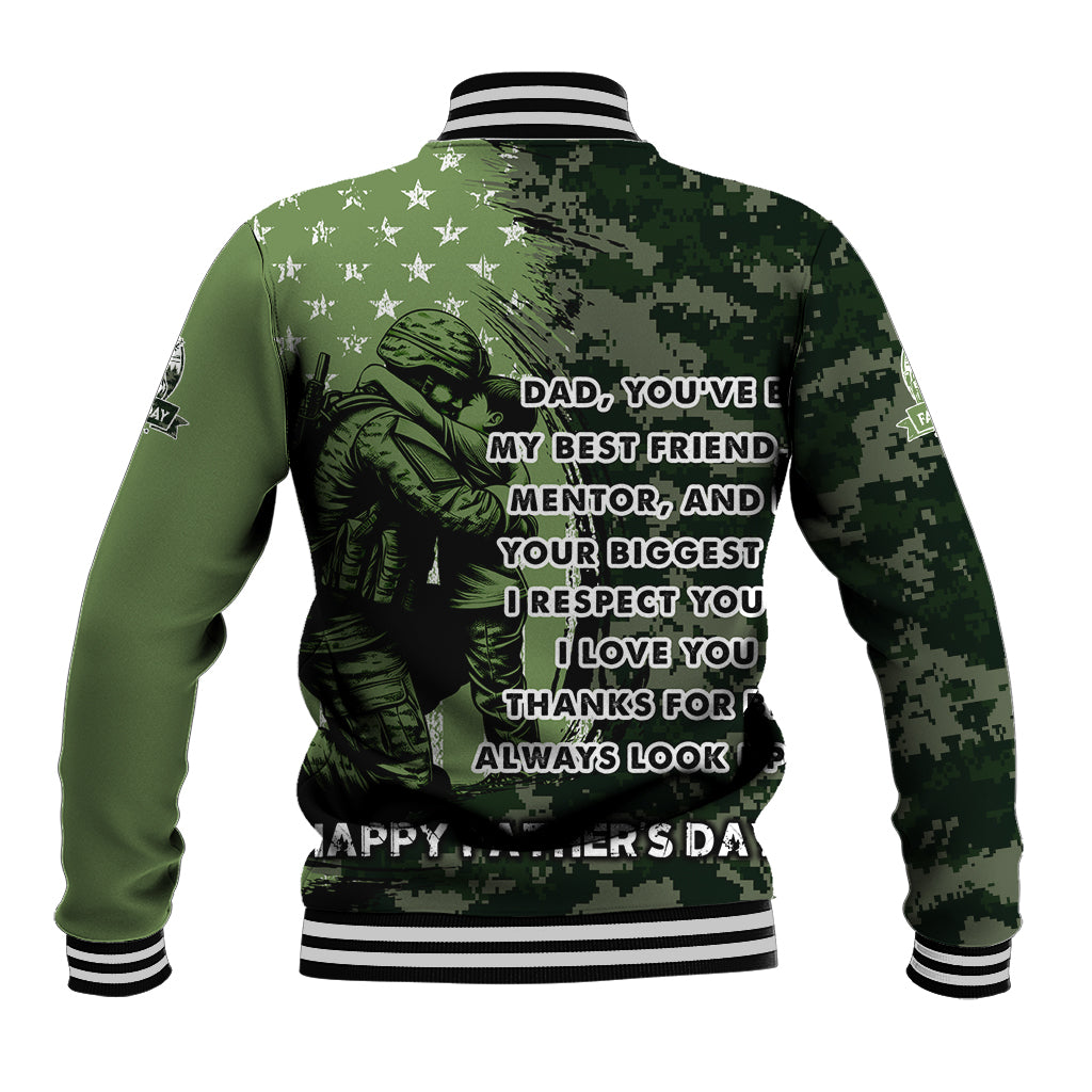 Green baseball jacket with black camo sleeves, stars, and large back graphic print