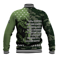 Green baseball jacket with black camo sleeves, stars, and large back graphic print