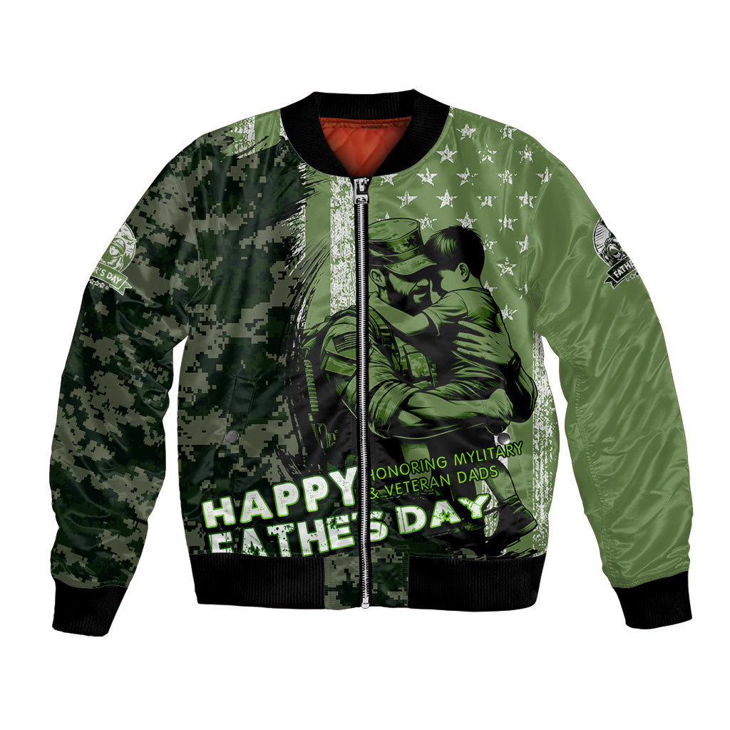 Unisex green bomber jacket with zip front, camo print, soldier graphic and Father's Day text