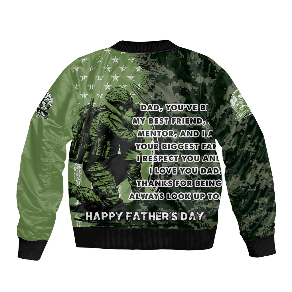 Unisex green bomber jacket with camo print and soldier graphic, ribbed cuffs