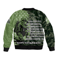 Unisex green bomber jacket with camo print and soldier graphic, ribbed cuffs