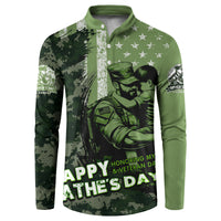 Green sweatshirt with button placket; veteran soldier graphic with stars and “Happy Father’s Day”.