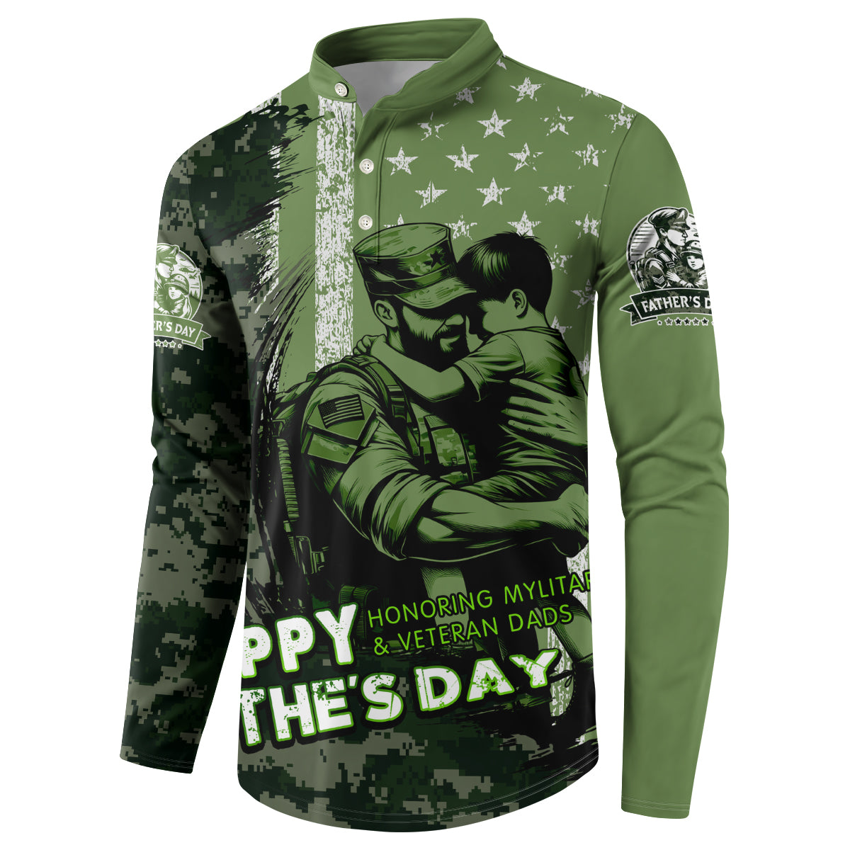 Green sweatshirt with button placket; large soldier graphic, stars, and “Happy Father’s Day” text.