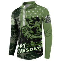 Green sweatshirt with button placket; large soldier graphic, stars, and “Happy Father’s Day” text.
