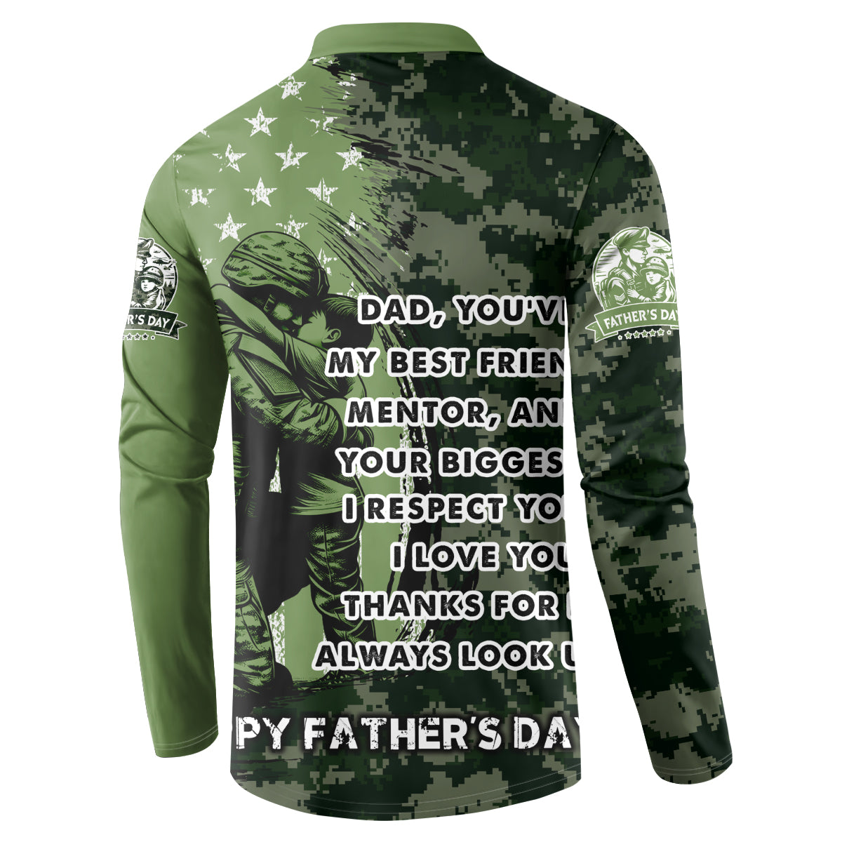 Green camo-style sweatshirt with back print; soldier illustration and father’s day message text.