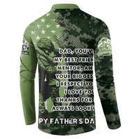 Green camo-style sweatshirt with back print; soldier illustration and father’s day message text.