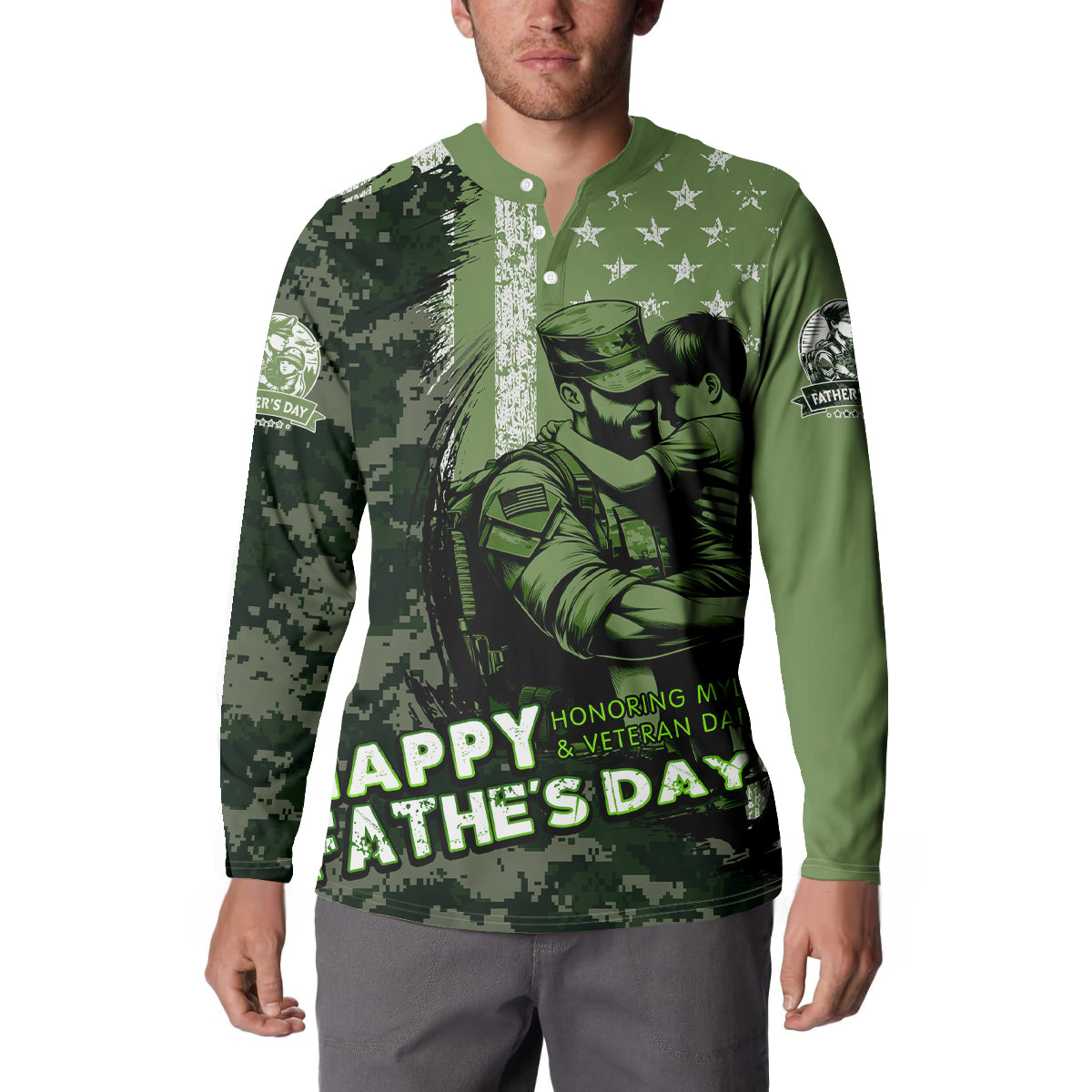 Green sweatshirt with button placket; front soldier graphic and “Happy Father’s Day” lettering.