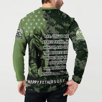 Green sweatshirt with button placket; back message print with soldier illustration and “Happy Father’s Day”.