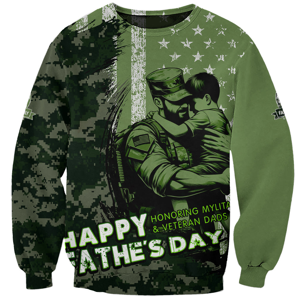 Green crewneck sweatshirt with camo panel and astronaut graphic, 'Happy Father's Day' text
