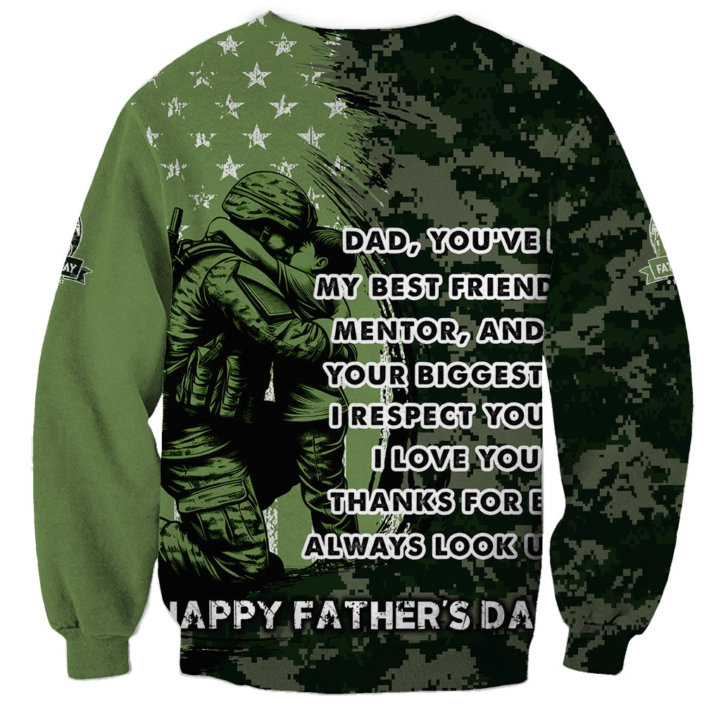 Green crewneck sweatshirt with camo print astronaut and 'Dad, you've' message text
