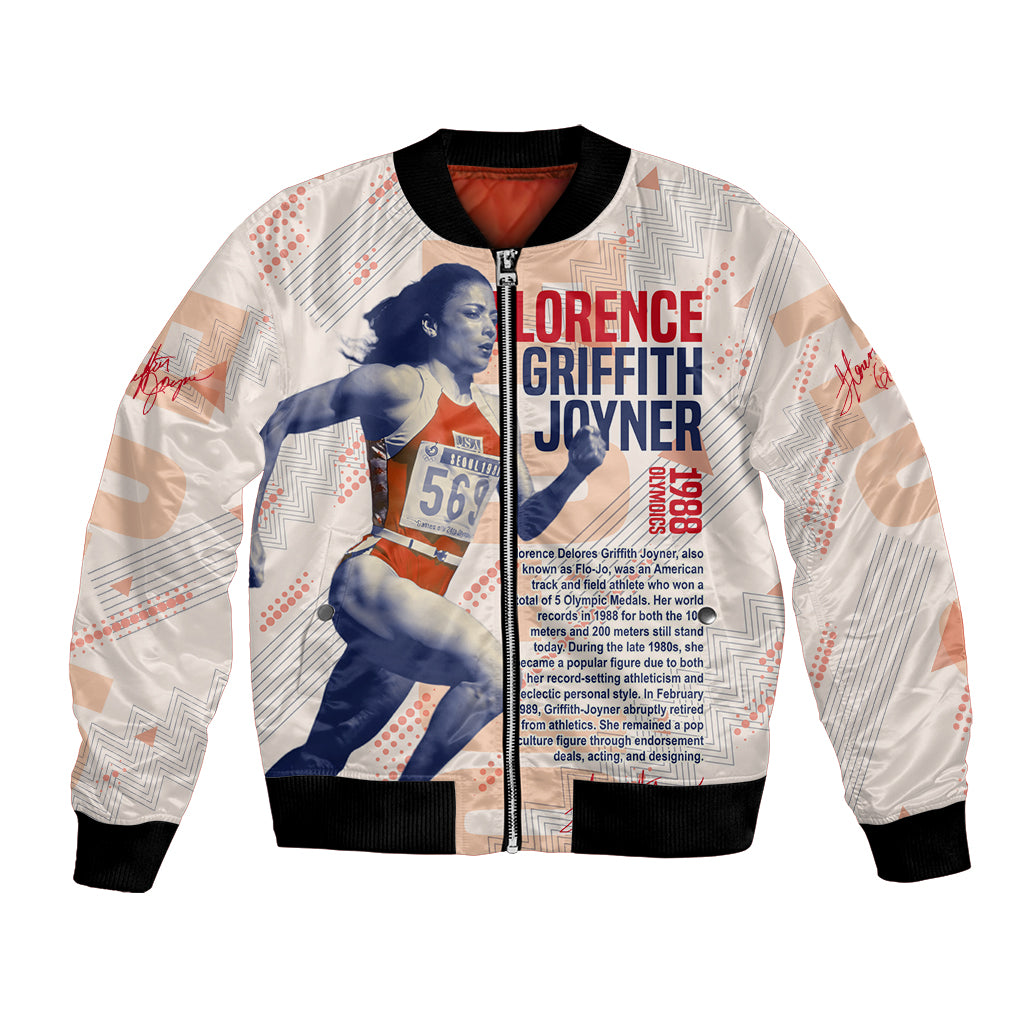 Beige unisex bomber jacket with black ribbed trim and full-zip front, runner graphic print