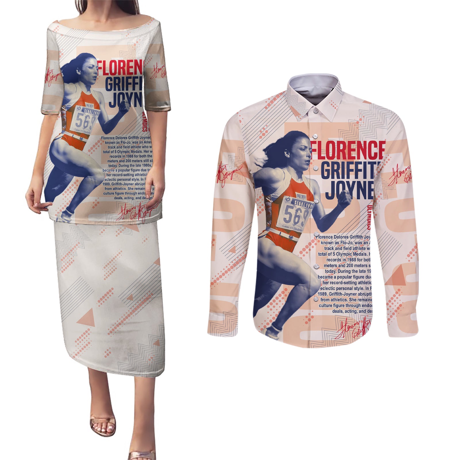 The Phenomenal Woman Flo-Jo Couples Matching Puletasi and Long Sleeve Button Shirt 1988 - Wonder Print Shop