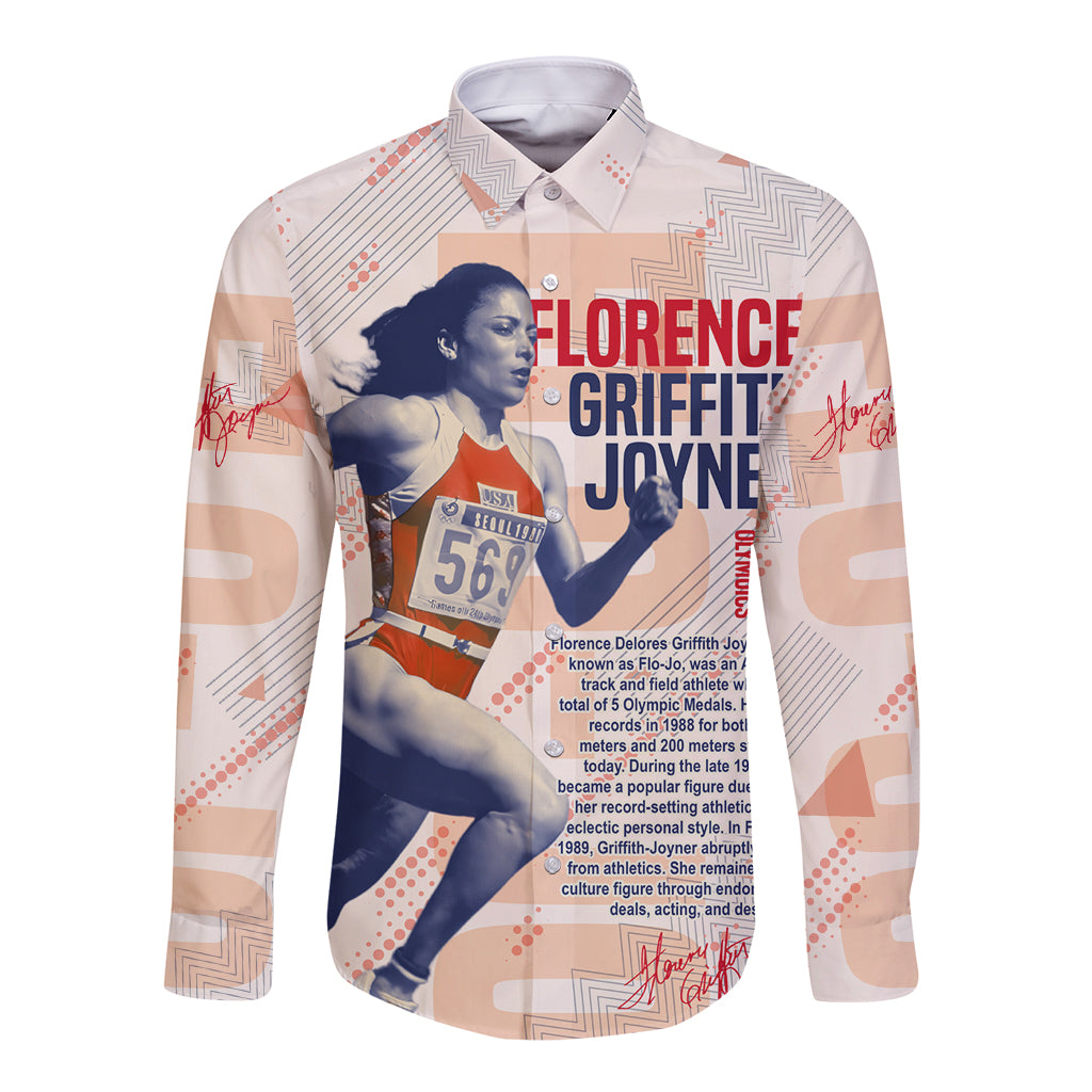 Beige long sleeve button shirt with runner graphic front