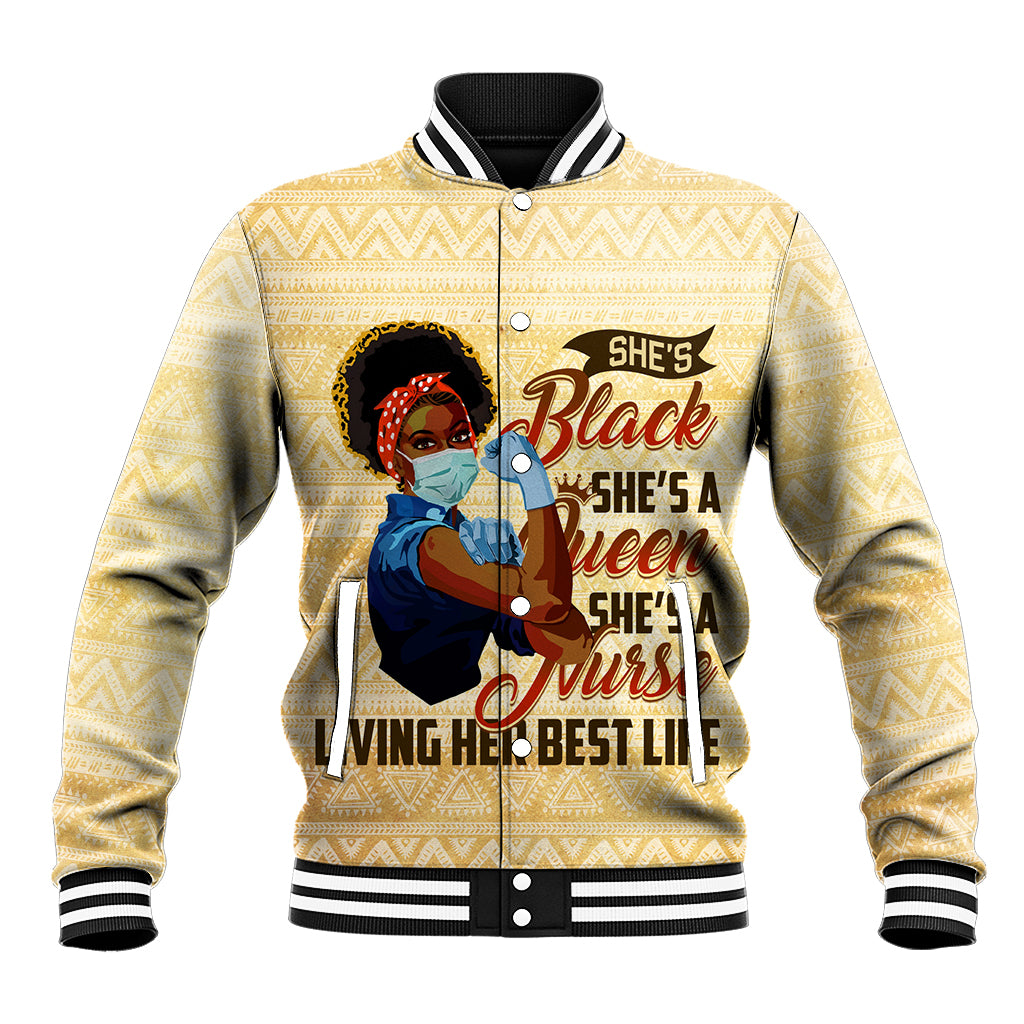 Beige baseball jacket with black-and-white ribbed collar, sleeves, and nurses graphic front