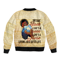 Beige bomber jacket with black ribbed cuffs and back nurse queen graphic with text