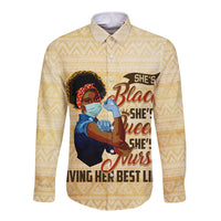 Long sleeve button shirt in beige with front graphic portrait print and collar