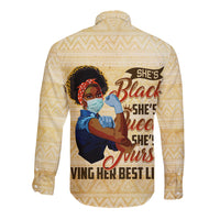 Long sleeve button shirt in beige with large centered back graphic portrait print