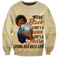 Unisex beige crewneck sweatshirt with African nurse queen graphic on front