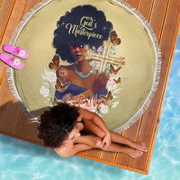 Beige round beach blanket with tassel fringe, “God’s Masterpiece” cross portrait and butterflies