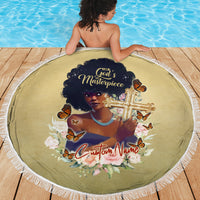 Beige round beach blanket with tassel fringe, back view with “God’s Masterpiece” artwork