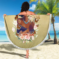 Beige round beach blanket with tassel fringe, “Custom Name” floral portrait with butterflies