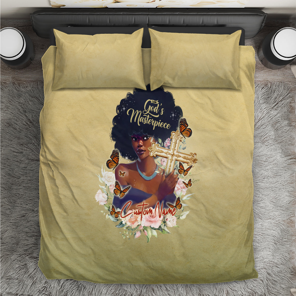 Beige bedding set with two matching pillowcases and printed portrait cross design