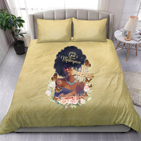 Beige bedding set with two pillowcases and central portrait cross artwork on duvet