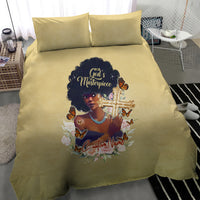 Beige comforter bedding set with two pillowcases and central portrait cross artwork
