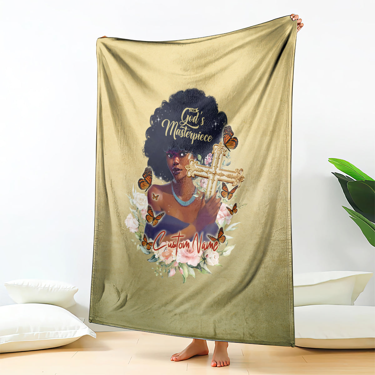Beige personalized blanket draped display with African woman portrait and floral print