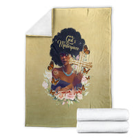 Beige personalized blanket set: folded blanket with white towels, African woman portrait print