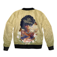 Unisex beige bomber jacket with back graphic, ribbed collar, cuffs, and zip