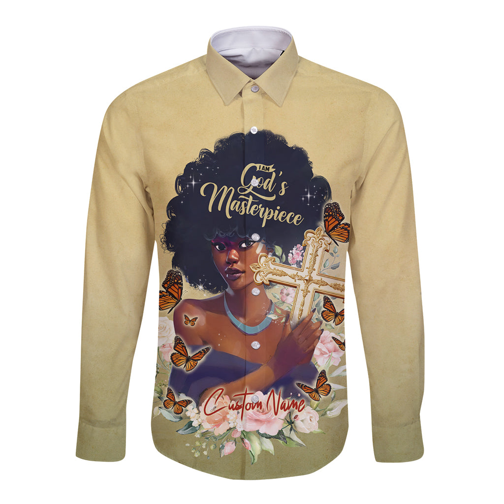 Beige long-sleeve button shirt with 'God's Masterpiece' front print and custom name
