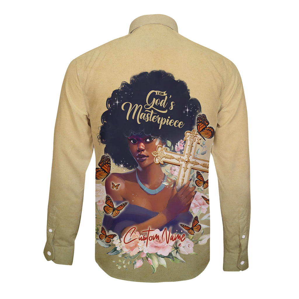 Beige long-sleeve button shirt with 'God's Masterpiece' back print and custom name