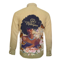 Beige long-sleeve button shirt with 'God's Masterpiece' back print and custom name