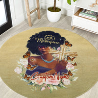Personalized round beige carpet with portrait and butterflies, 'God's Masterpiece' text