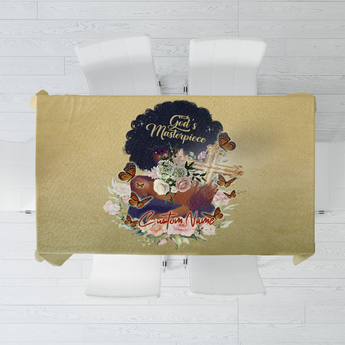 Beige personalized tablecloth with floral religious text and butterfly graphic