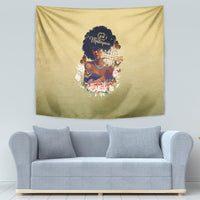 Beige wall tapestry with African woman artwork, gold cross centerpiece, and flower border