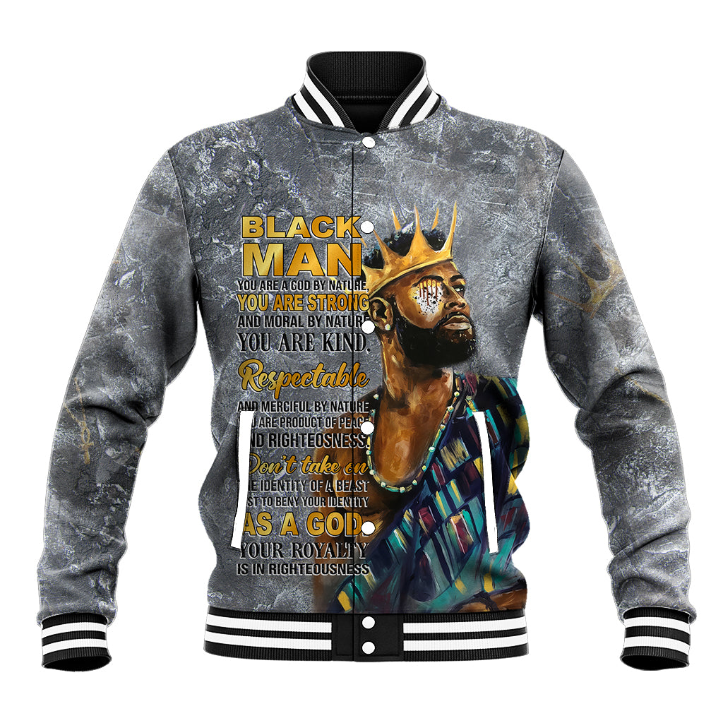 Baseball jacket with front graphic text, crown portrait, striped ribbed collar.