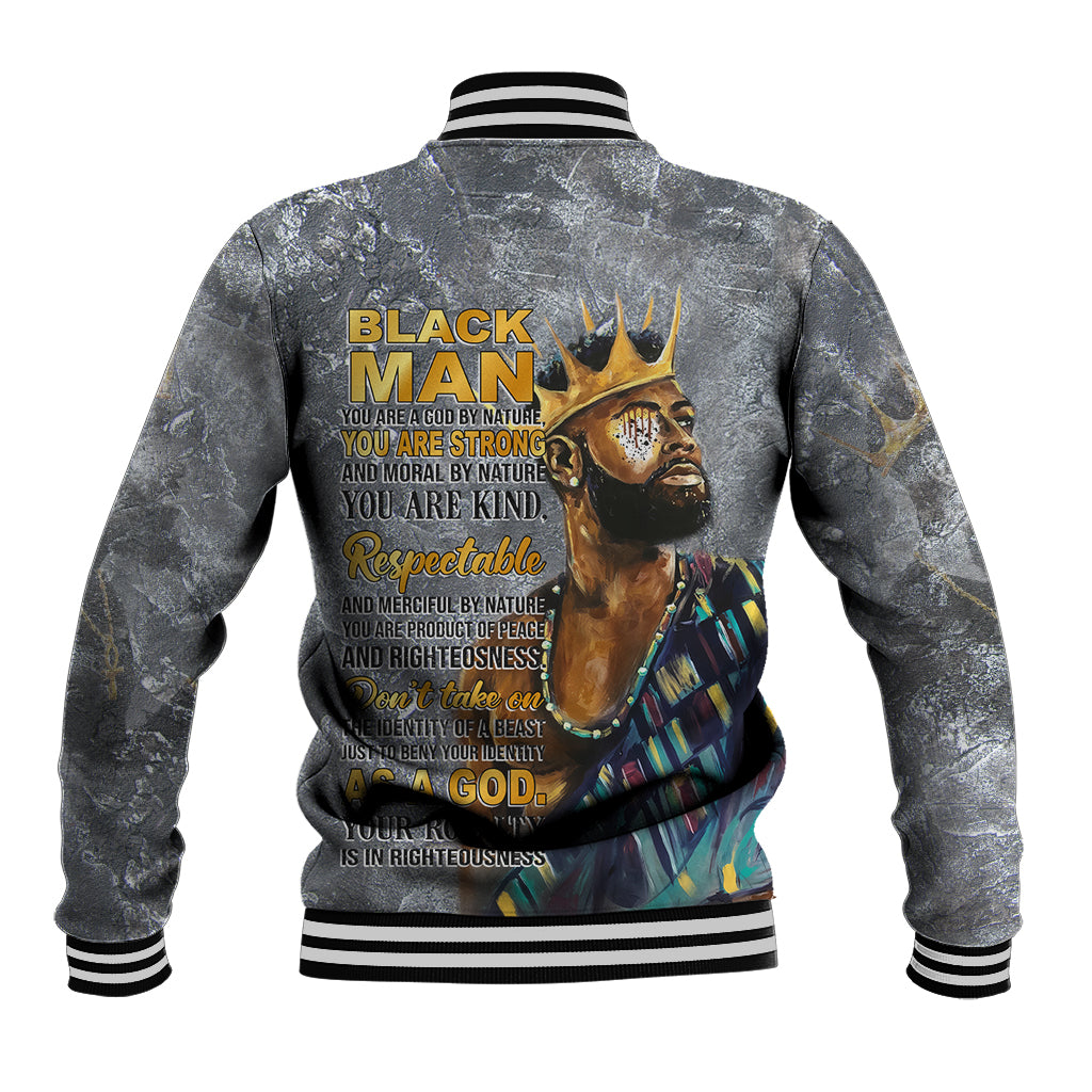 Baseball jacket with back graphic text and crown portrait, striped ribbed cuffs.