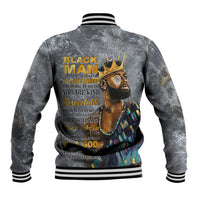 Baseball jacket with back graphic text and crown portrait, striped ribbed cuffs.