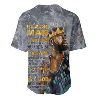 Dark short-sleeve baseball jersey with “BLACK MAN” text and crowned face print
