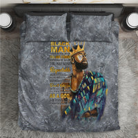 King bedding set with gray textured duvet, gold text and colorful portrait graphic, 2 pillowcases