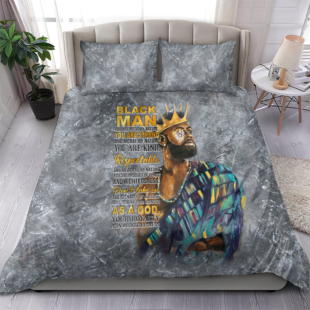 King bedding set with gray duvet featuring gold text and colorful portrait, matching pillowcases