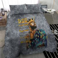 King bedding set with gray duvet and two pillowcases, gold lettering and colorful portrait graphic
