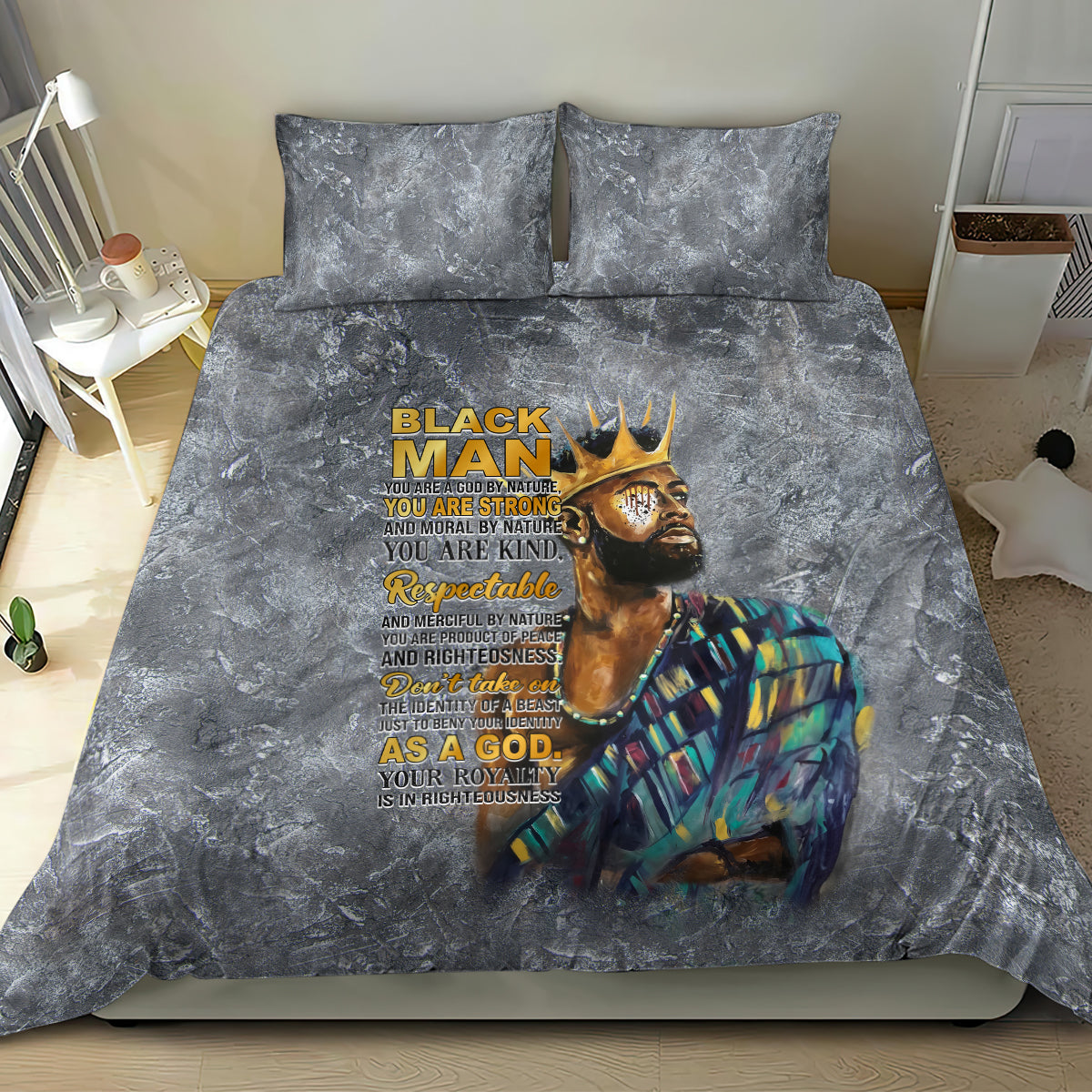 King bedding set with gray duvet cover, gold “Black Man” style text and colorful portrait image