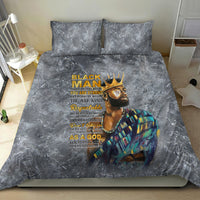 King bedding set with gray duvet cover, gold “Black Man” style text and colorful portrait image