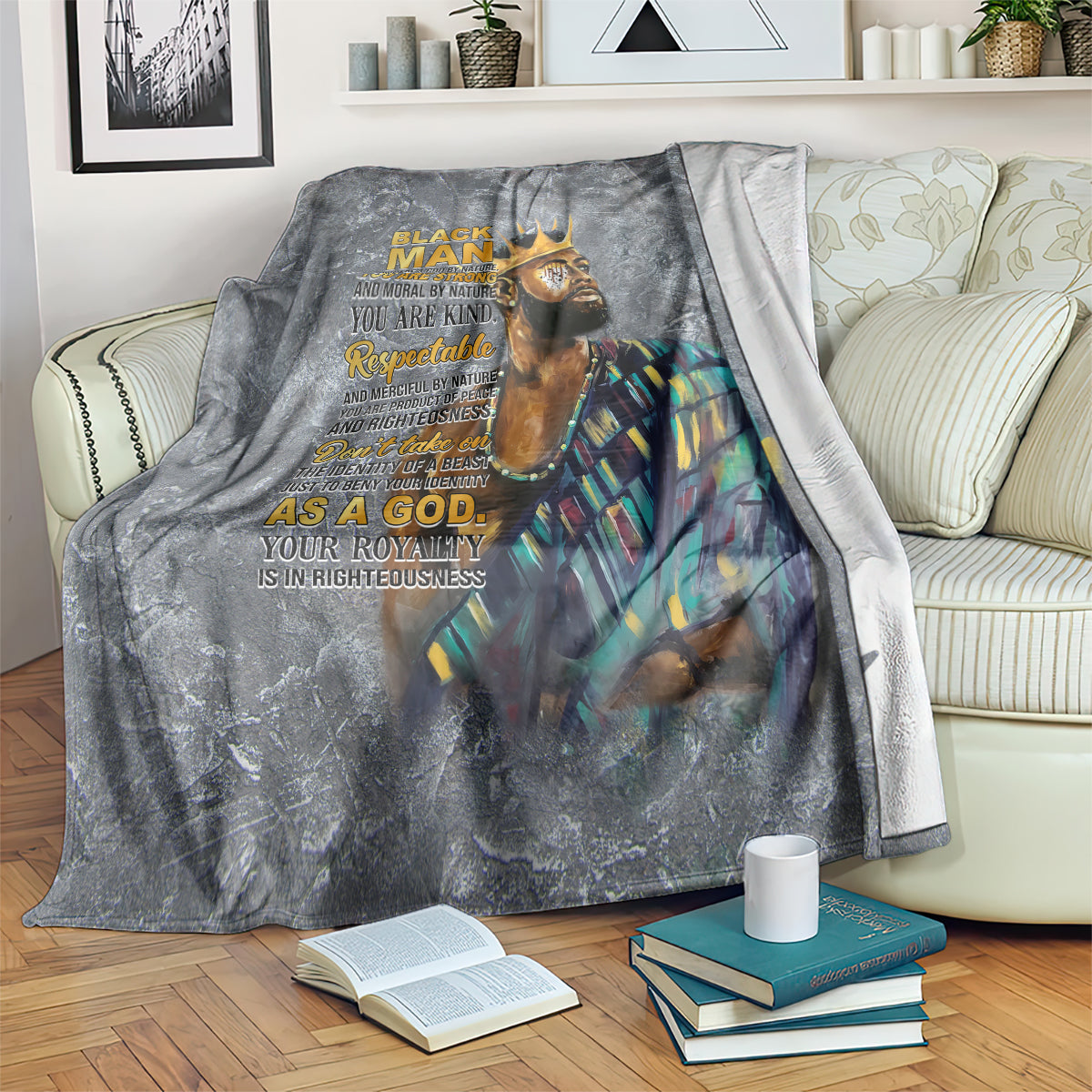 Dark gray king-size throw blanket with printed crowned face portrait and motivational text
